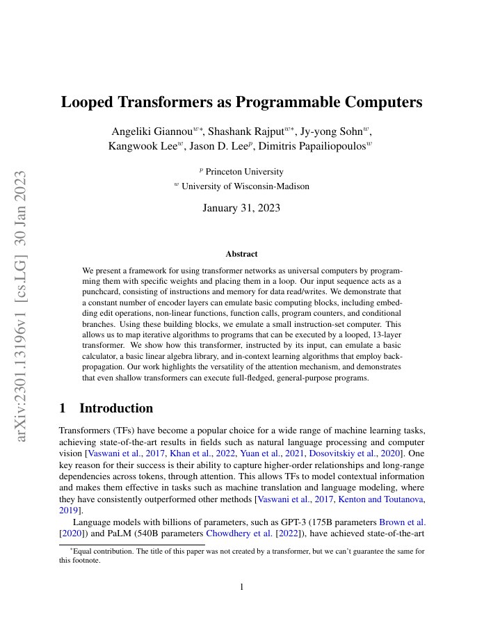 Looped Transformers as Programmable Computers 论文首页预览