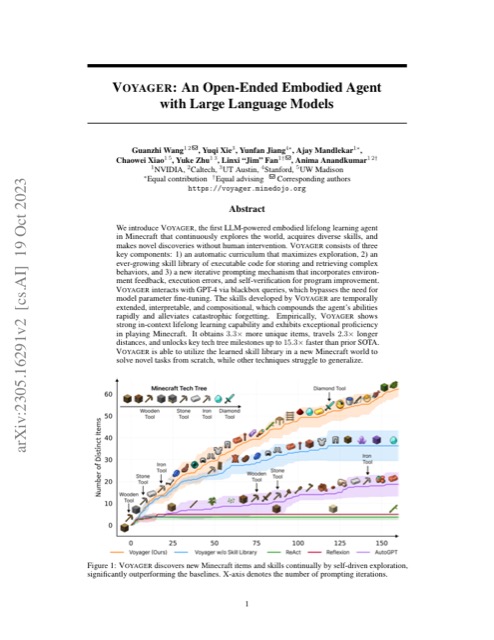 Voyager: An Open-Ended Embodied Agent with Large Language Models 论文首页
