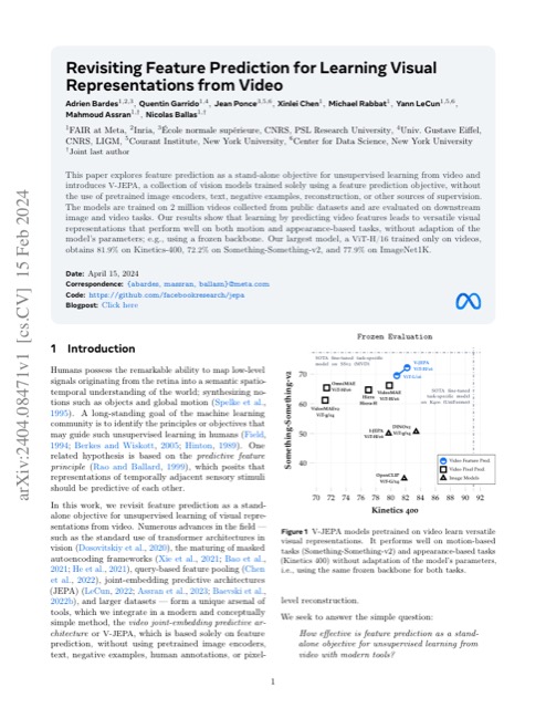 V-JEPA: Revisiting Feature Prediction for Learning Visual Representations from Video 论文首页