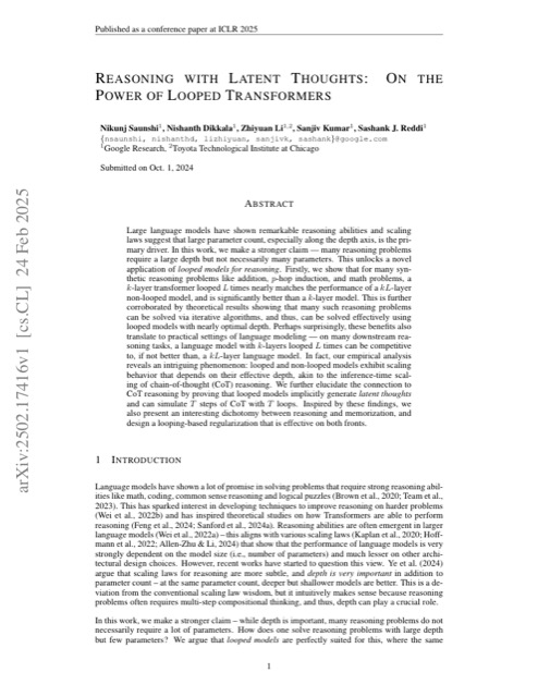 Reasoning with Latent Thoughts: On the Power of Looped Transformers 论文首页预览