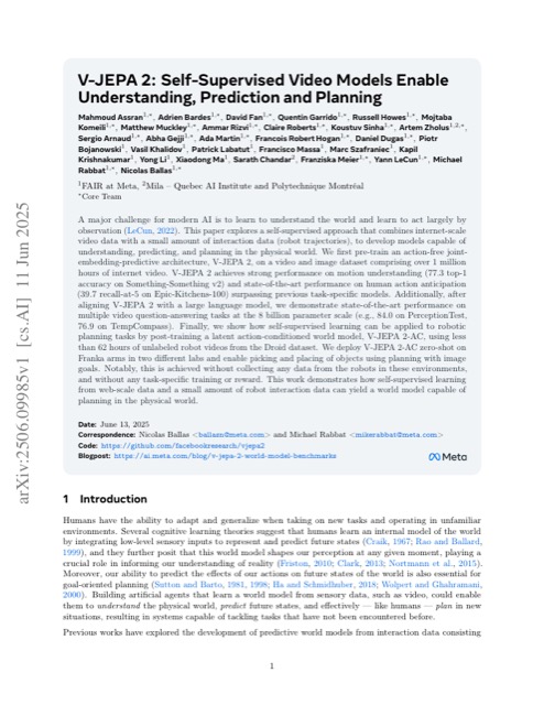 V-JEPA 2: Understanding, Prediction and Planning 论文首页