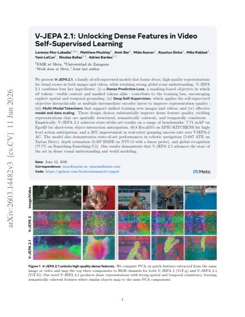 V-JEPA 2.1: Unlocking Dense Features in Video Self-Supervised Learning 论文首页