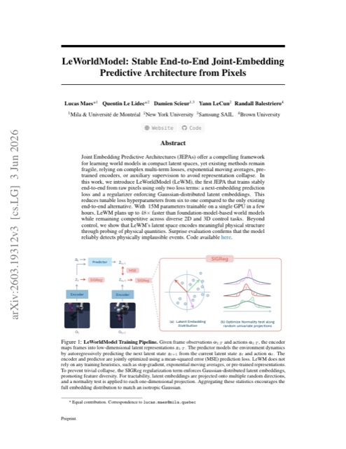 LeWorldModel: Stable End-to-End JEPA from Pixels 论文首页
