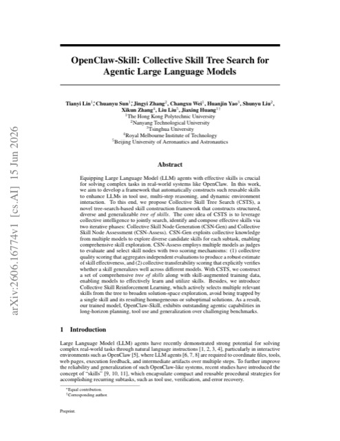 OpenClaw-Skill: Collective Skill Tree Search for Agentic Large Language Models 论文首页