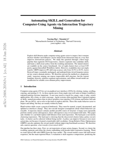 Automating SKILL.md Generation for Computer-Using Agents via Interaction Trajectory Mining 论文首页
