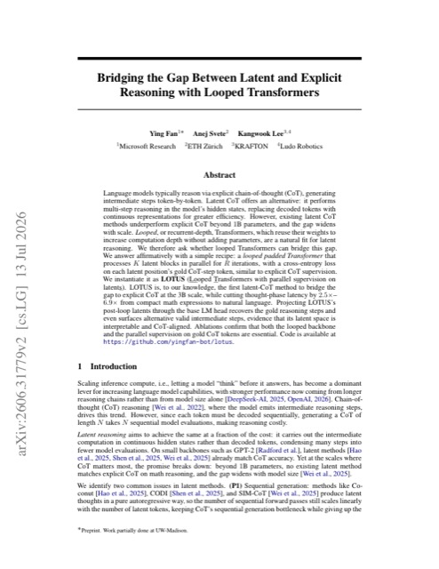 Bridging the Gap Between Latent and Explicit Reasoning with Looped Transformers 论文首页预览