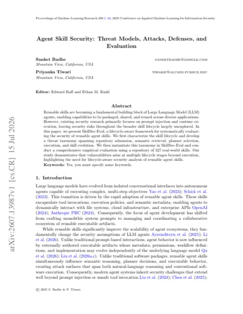 Agent Skill Security: Threat Models, Attacks, Defenses, and Evaluation 论文首页