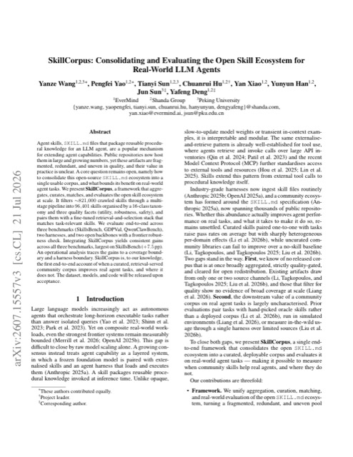 SkillCorpus: Consolidating and Evaluating the Open Skill Ecosystem for Real-World LLM Agents 论文首页