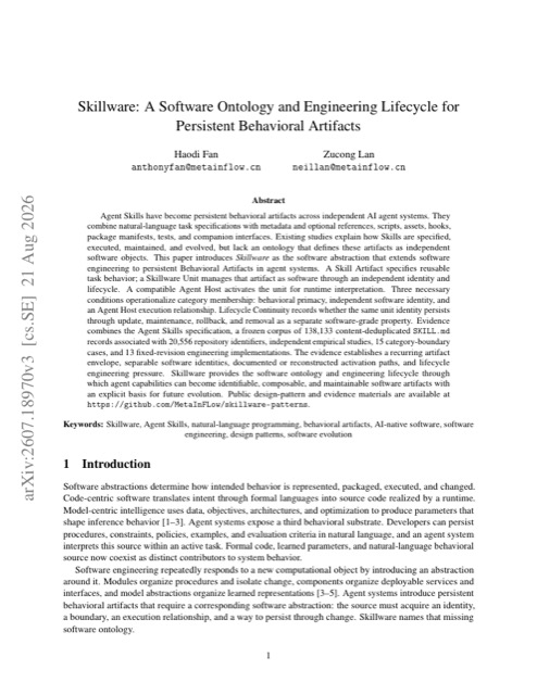 Skillware: A Software Ontology and Engineering Lifecycle for Persistent Behavioral Artifacts 论文首页