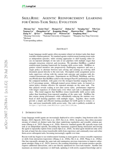 SkillRise: Agentic Reinforcement Learning for Cross-Task Skill Evolution 论文首页