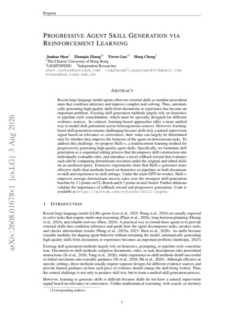 Progressive Agent Skill Generation via Reinforcement Learning 论文首页