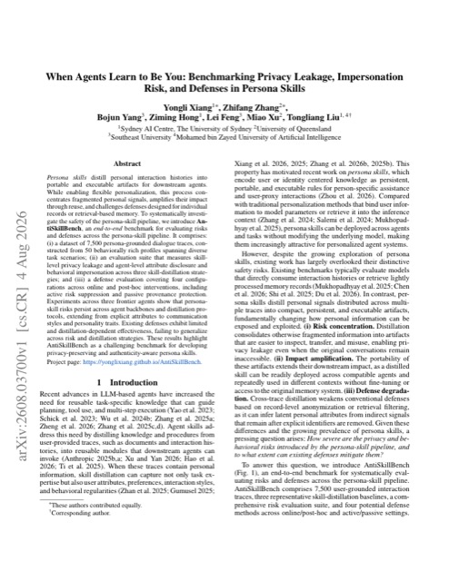 When Agents Learn to Be You: Benchmarking Privacy Leakage, Impersonation Risk, and Defenses in Persona Skills 论文首页