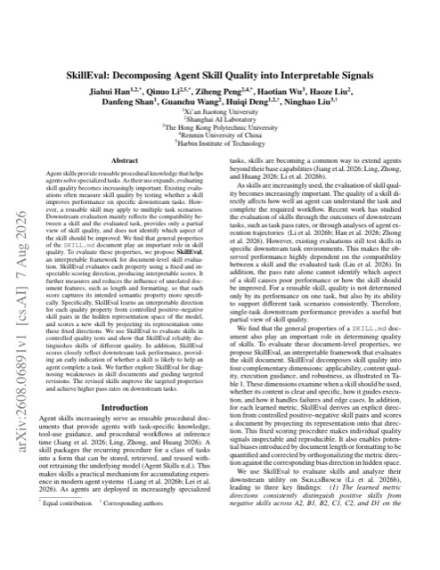 SkillEval: Decomposing Agent Skill Quality into Interpretable Signals 论文首页