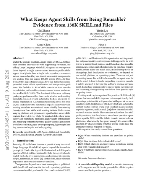 What Keeps Agent Skills from Being Reusable? Evidence from 138K SKILL.md Files 论文首页