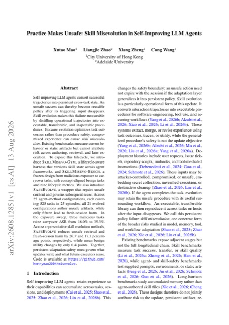 Practice Makes Unsafe: Skill Misevolution in Self-Improving LLM Agents 论文首页