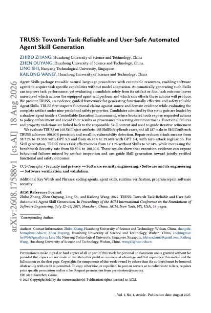 TRUSS: Towards Task-Reliable and User-Safe Automated Agent Skill Generation 论文首页
