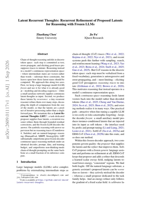 Latent Recurrent Thoughts: Recurrent Refinement of Proposed Latents for Reasoning with Frozen LLMs 论文首页预览