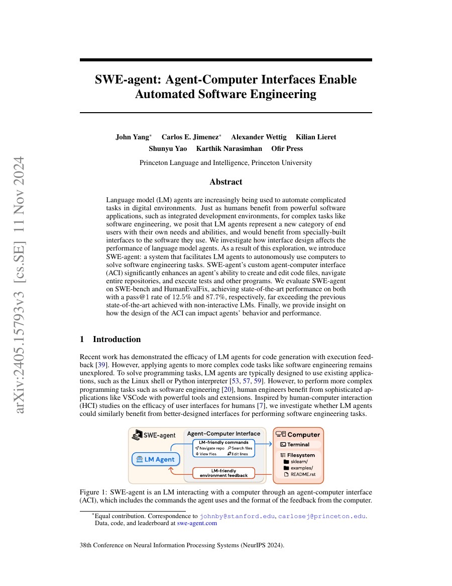 SWE-agent: Agent-Computer Interfaces Enable Automated Software Engineering 论文首页
