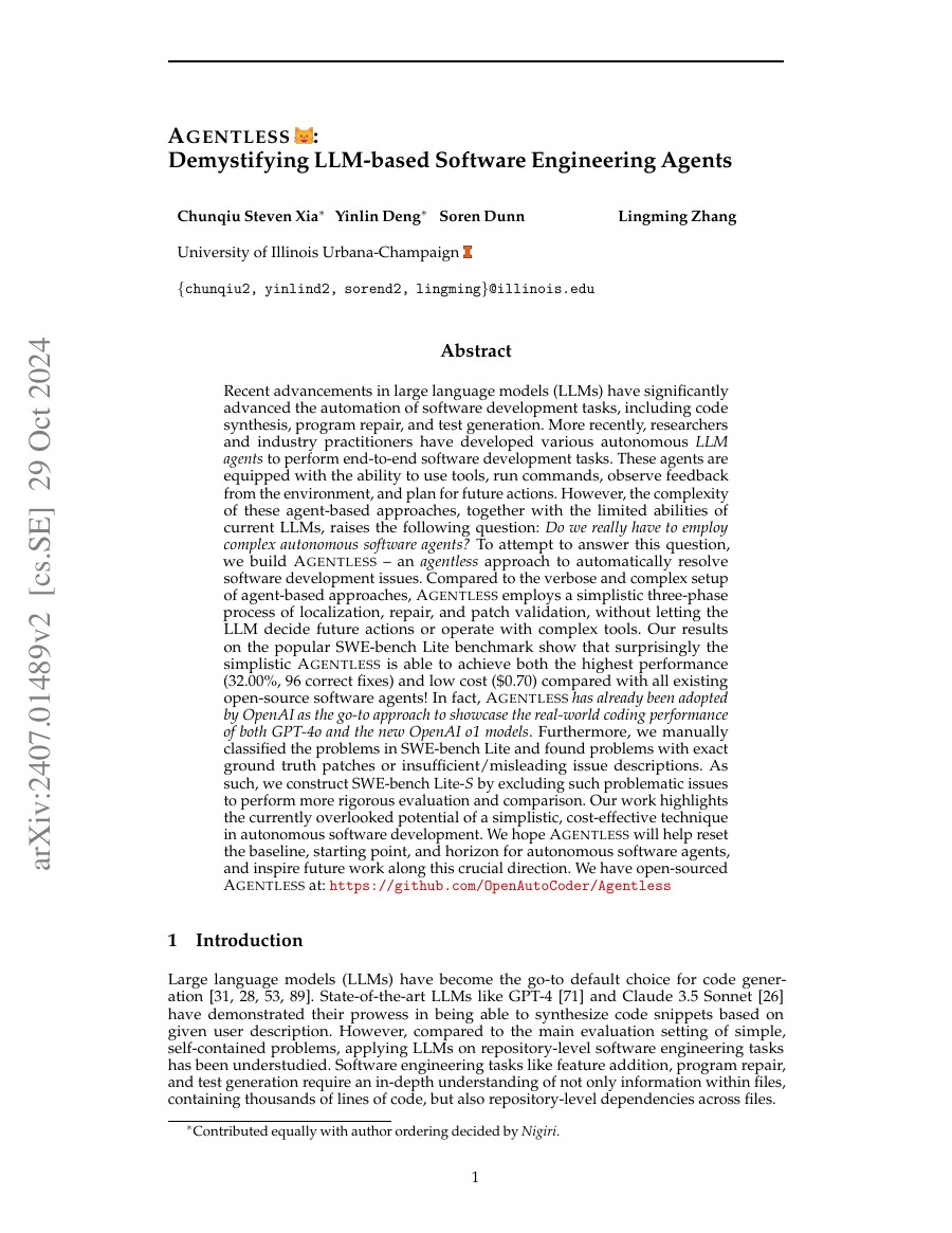 Agentless: Demystifying LLM-based Software Engineering Agents 论文首页