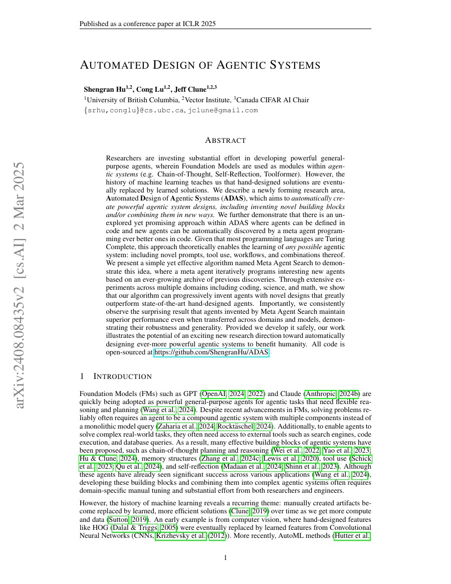 Automated Design of Agentic Systems 论文首页