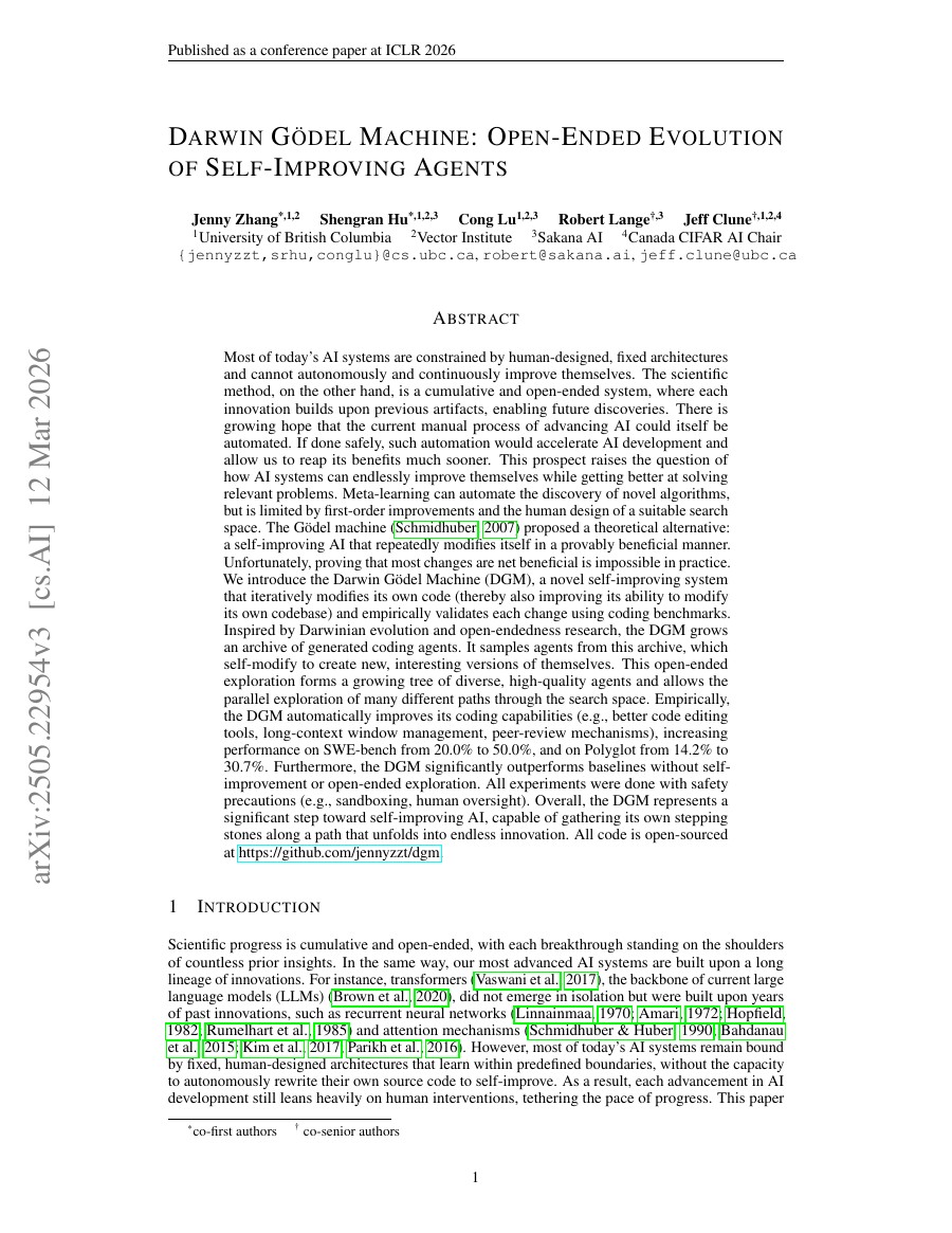 Darwin Godel Machine: Open-Ended Evolution of Self-Improving Agents 论文首页