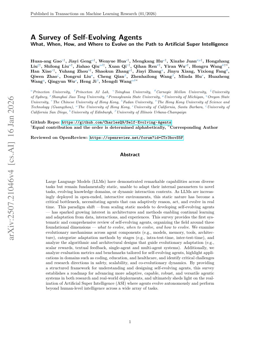 A Survey of Self-Evolving Agents: What, When, How, and Where to Evolve on the Path to Artificial Super Intelligence 论文首页