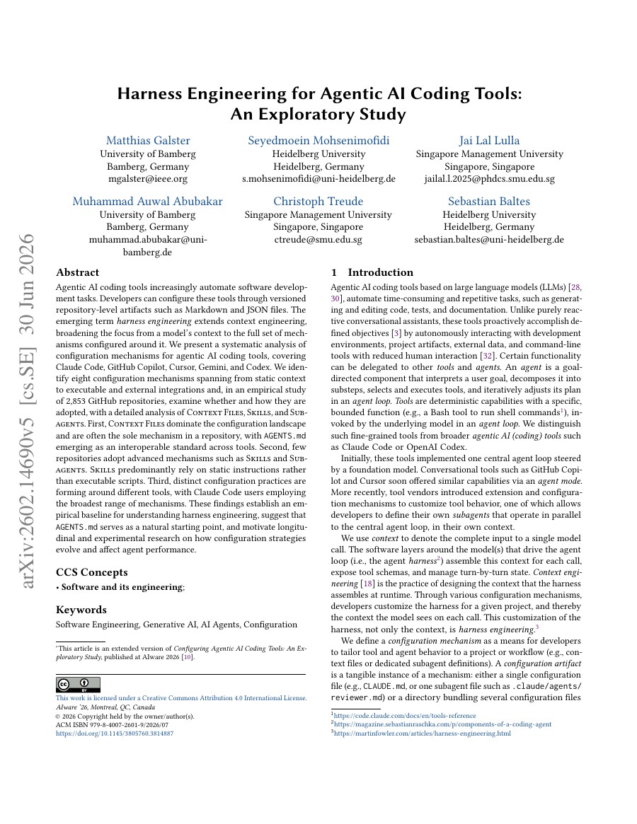 Harness Engineering for Agentic AI Coding Tools: An Exploratory Study 论文首页