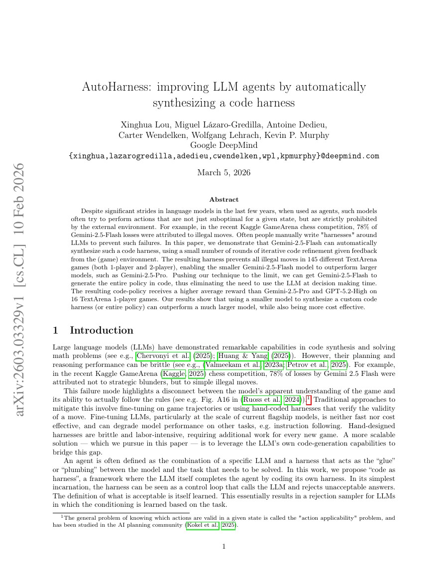 AutoHarness: improving LLM agents by automatically synthesizing a code harness 论文首页