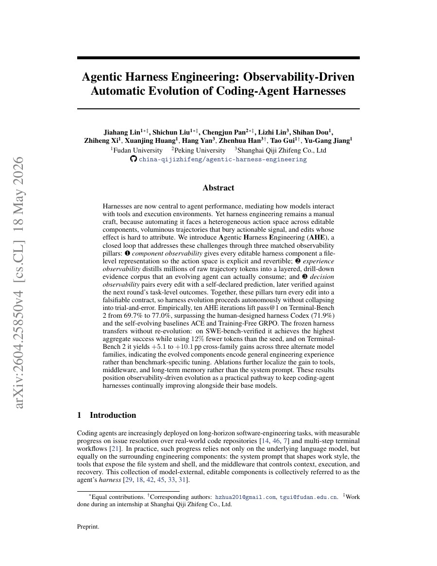 Agentic Harness Engineering: Observability-Driven Automatic Evolution of Coding-Agent Harnesses 论文首页