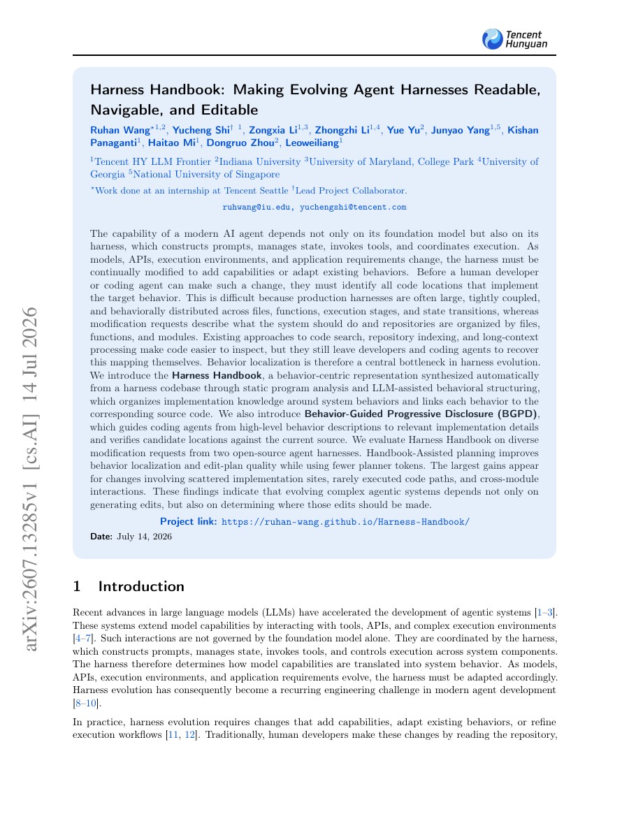 Harness Handbook: Making Evolving Agent Harnesses Readable, Navigable, and Editable 论文首页