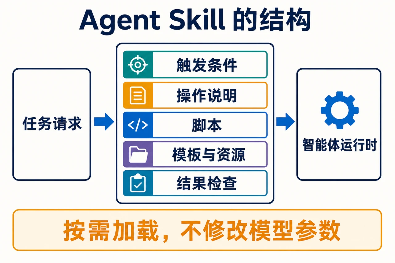 任务请求触发 Skill；Skill 由触发条件、操作说明、脚本、模板与资源、结果检查五层组成，再按需加载到智能体运行时