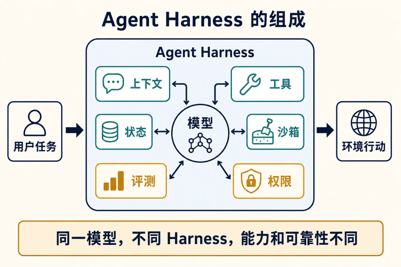 用户任务进入 Agent Harness；Harness 用上下文、工具、状态、沙箱、评测和权限模块协调模型与环境行动