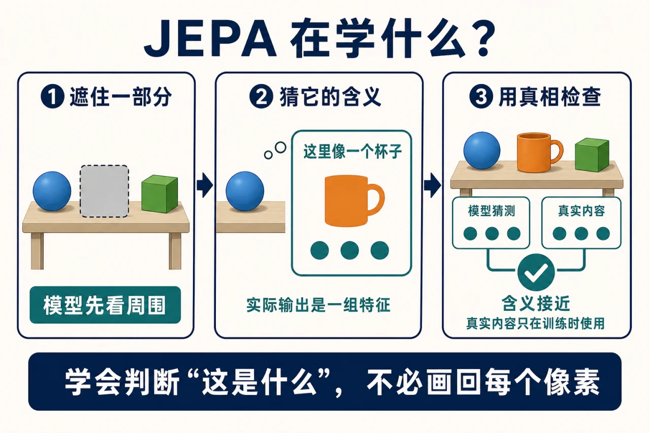 用杯子遮挡题分三步解释 JEPA：模型先看周围，再猜隐藏区域的特征，最后用真实内容检查猜测是否接近