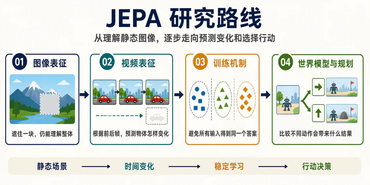 JEPA 从图像表征、视频表征和训练机制发展到世界模型与规划的四阶段研究路线